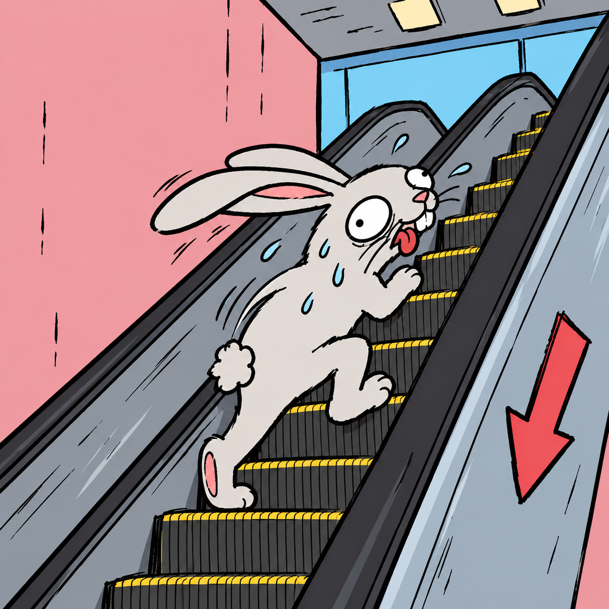 Rabbit running the wrong way on an escalator.