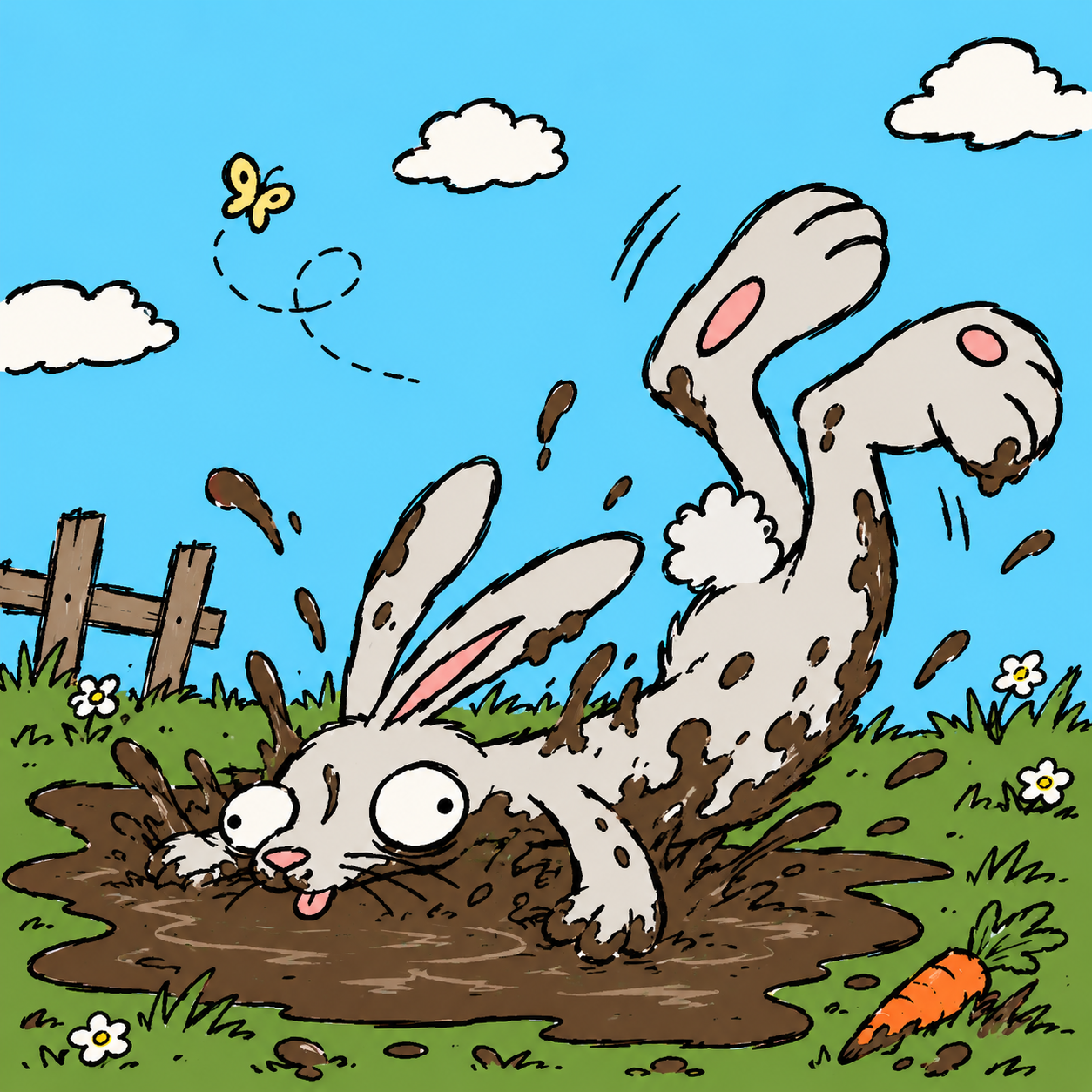 Rabbit lands face-first in a muddy puddle.