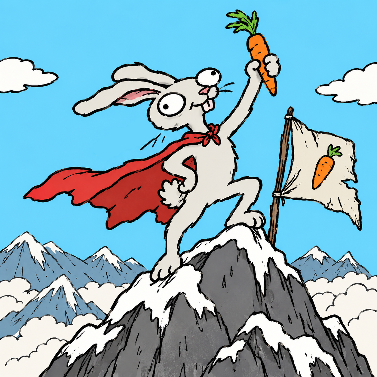 Rabbit triumphantly raises a carrot on a snowy mountain peak.