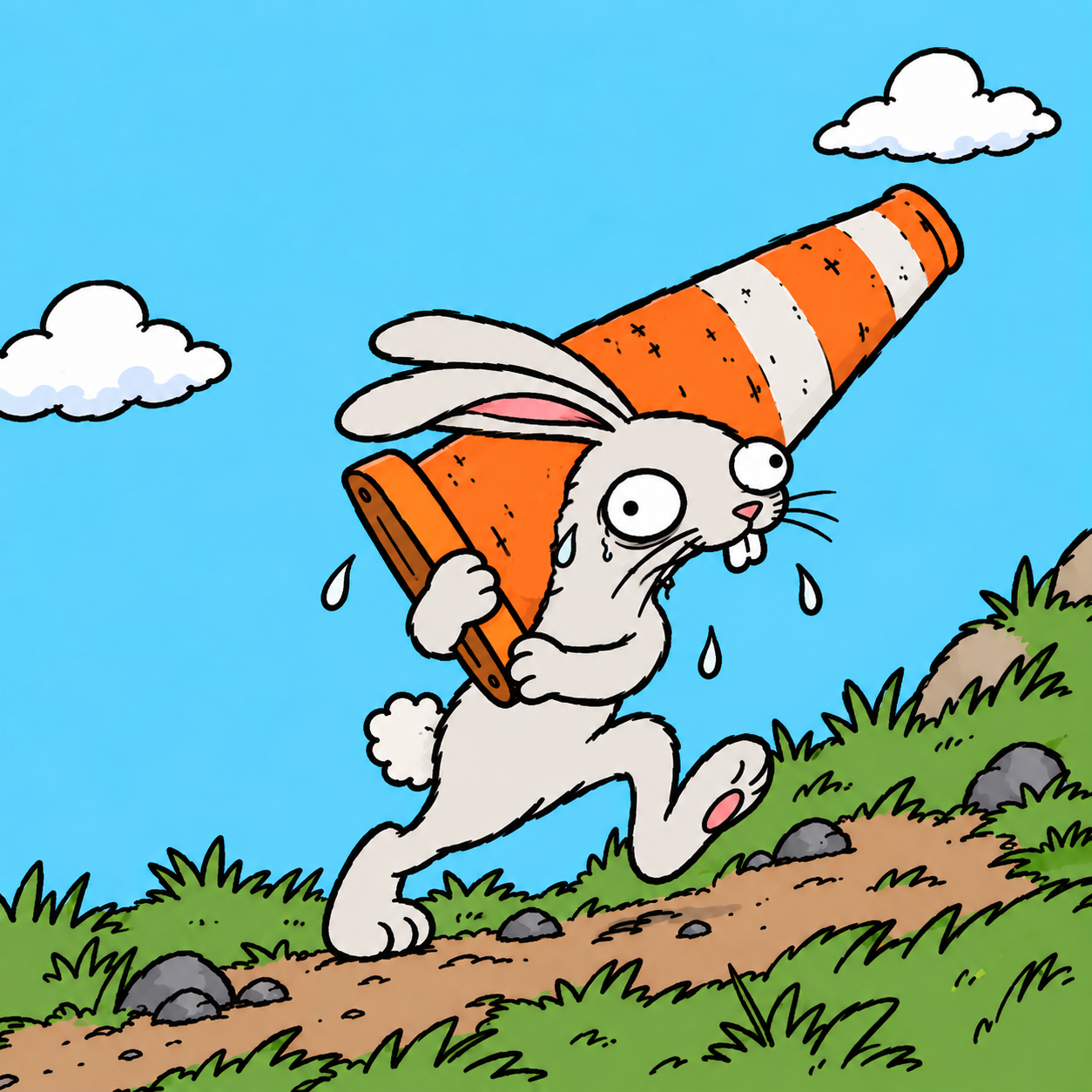 Rabbit proudly carries an orange traffic cone, mistaking it for a giant carrot.