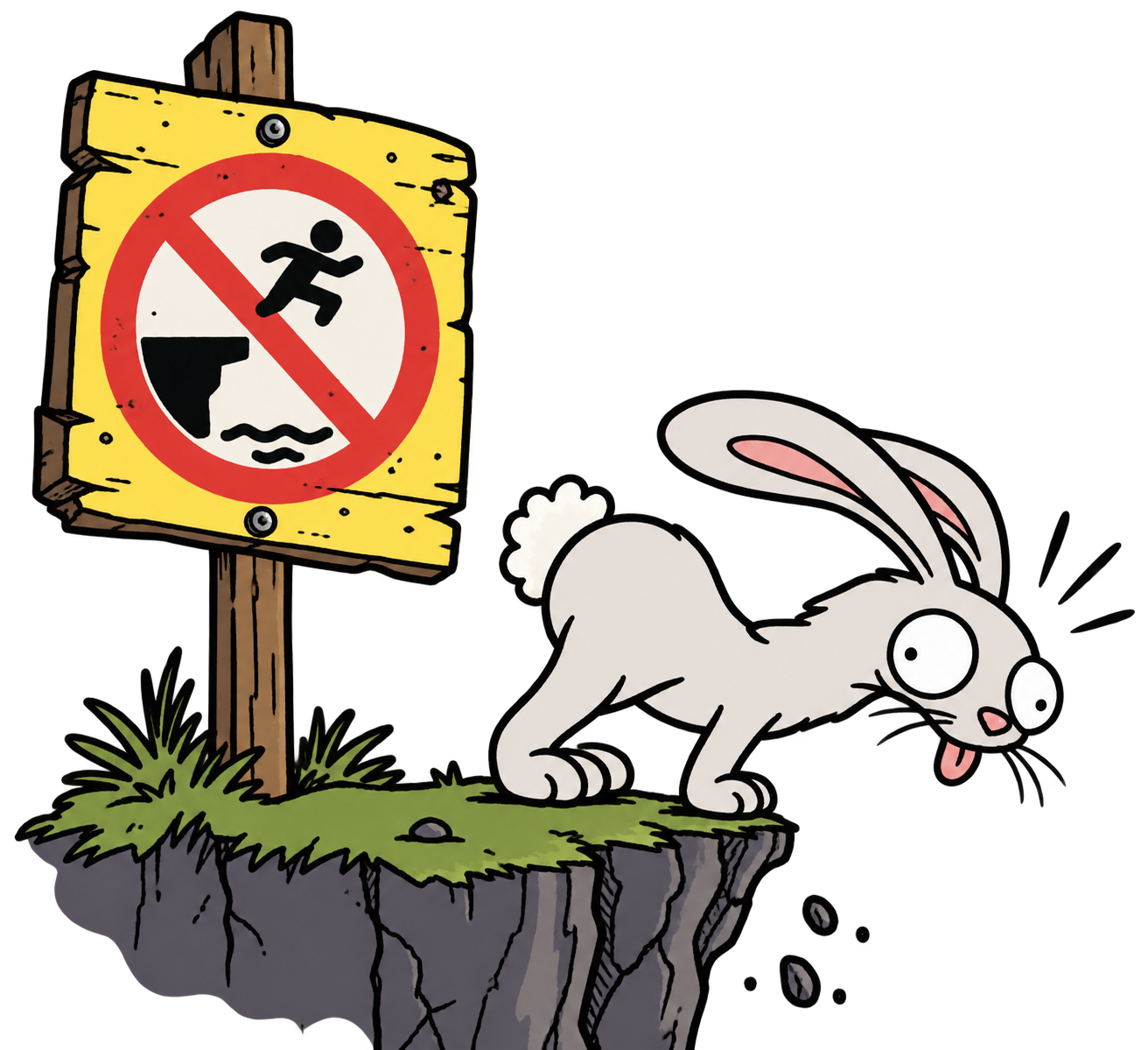 SIKE ignores a no-jumping sign at the edge of a cliff.