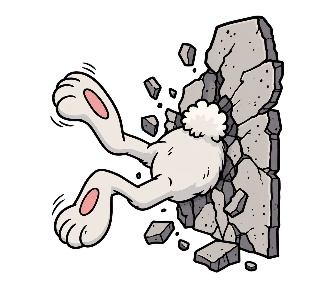 SIKE crashes headfirst through a wall, with his feet sticking out.